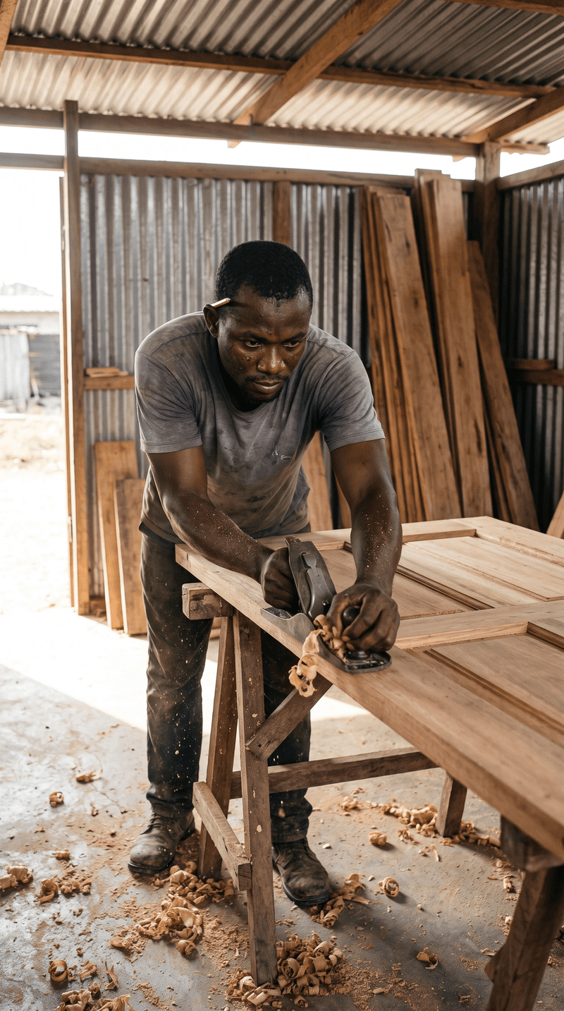 A carpenter planing the edge of a wooden door on trestles in an open workshop