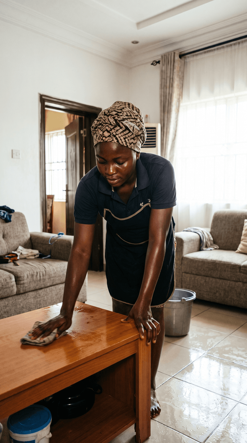 A cleaner in a headwrap wiping down a wooden table in a bright living room