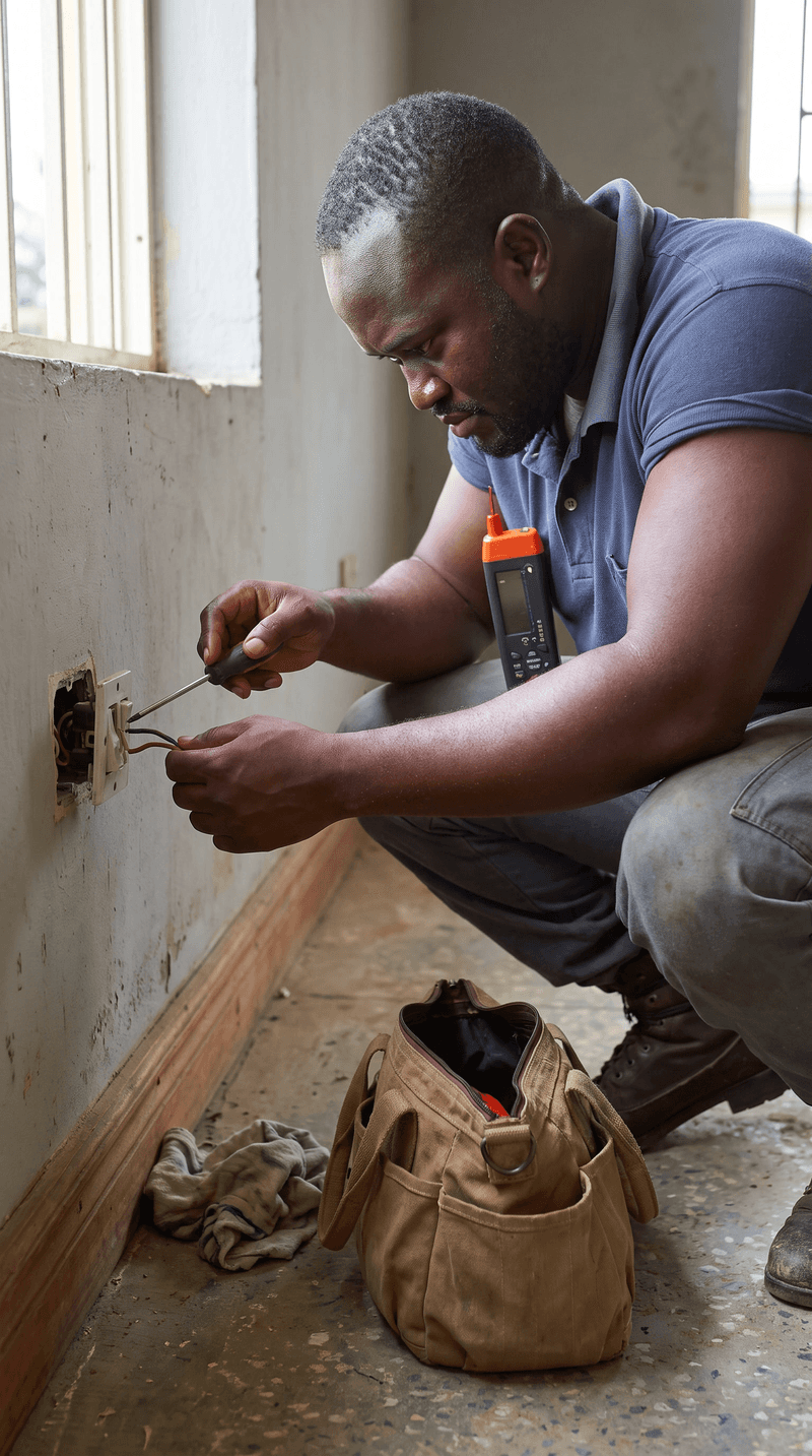 An electrician crouched at an open wall switch, screwdriver in hand, tool bag on the floor beside him