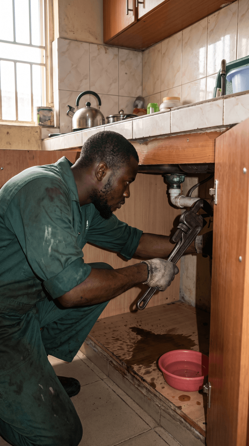 A plumber reaching under a kitchen sink with a pipe wrench while a bowl catches a drip