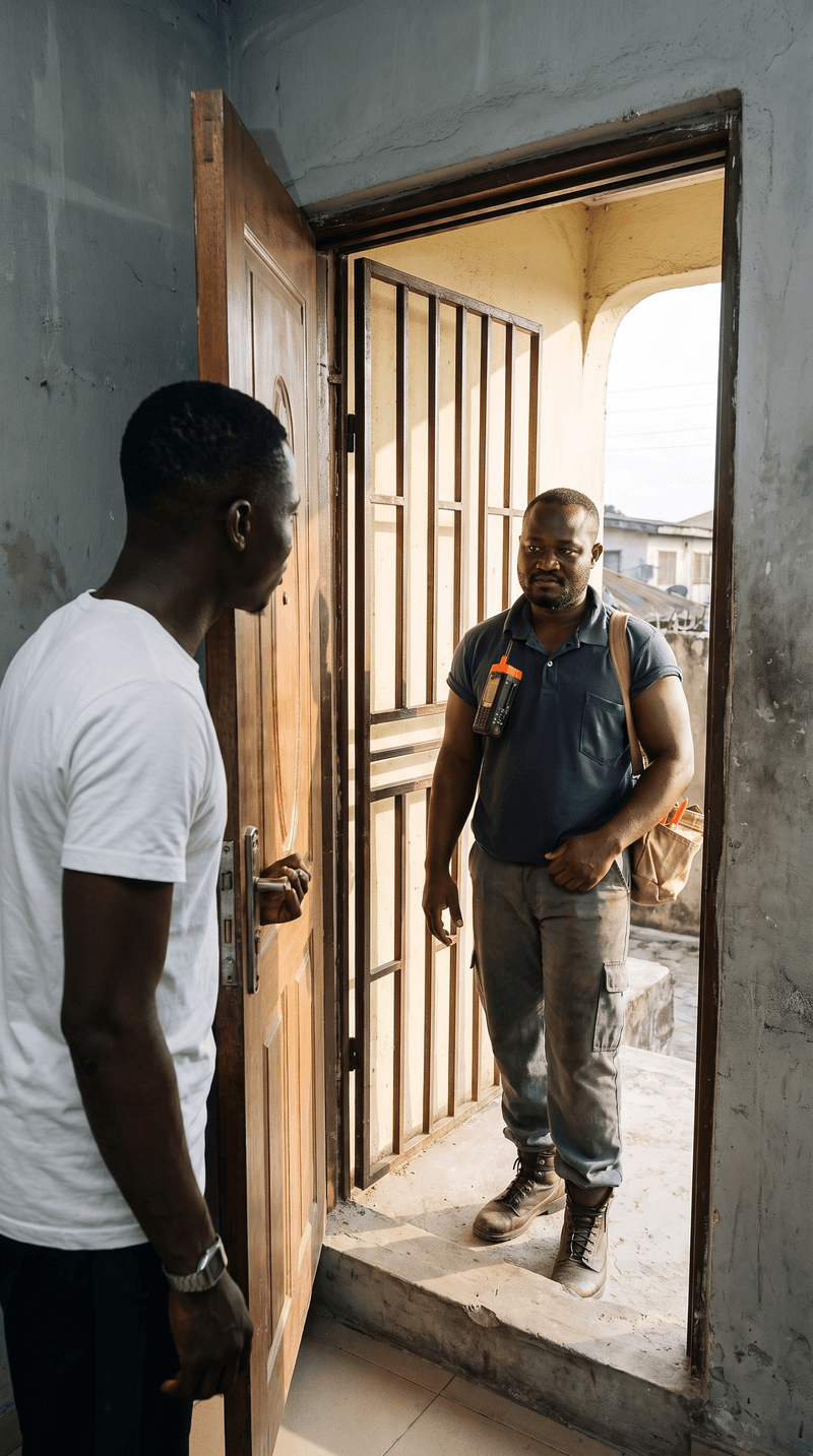 A homeowner opening his front door to an electrician