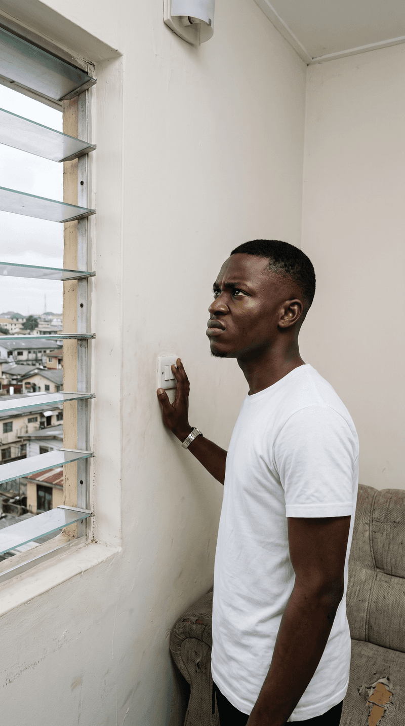 A man at a wall switch looking up at a ceiling light that has not come on