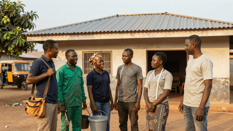 JobSpotta tradespeople chatting together outside a house at golden hour