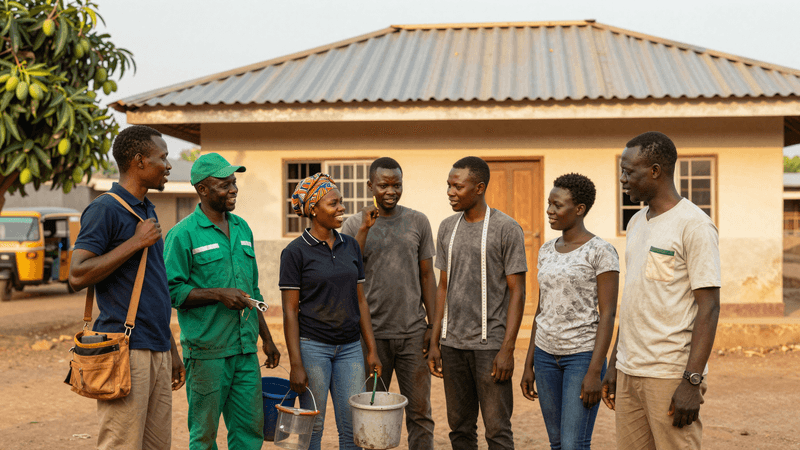 A group of JobSpotta tradespeople, an electrician, a plumber, a cleaner, a carpenter, a tailor and a mover, standing together outside a house